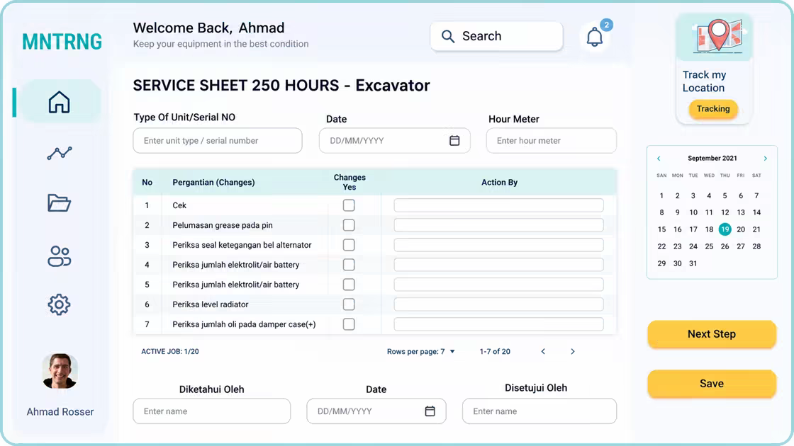 Service-sheet interface from a heavy-equipment monitoring project developed by Troyanix
